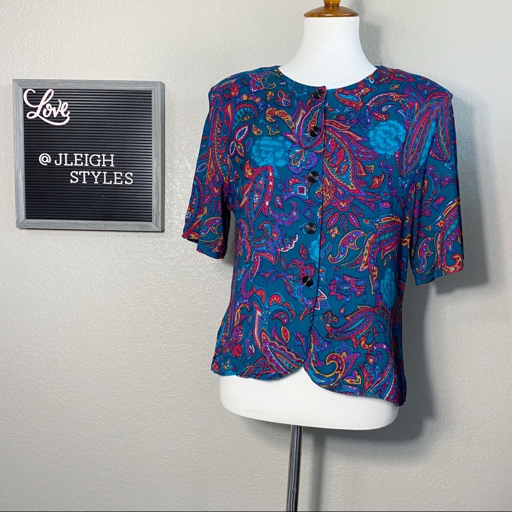 Vintage 80’s Teal Paisley Print Button Front Top L